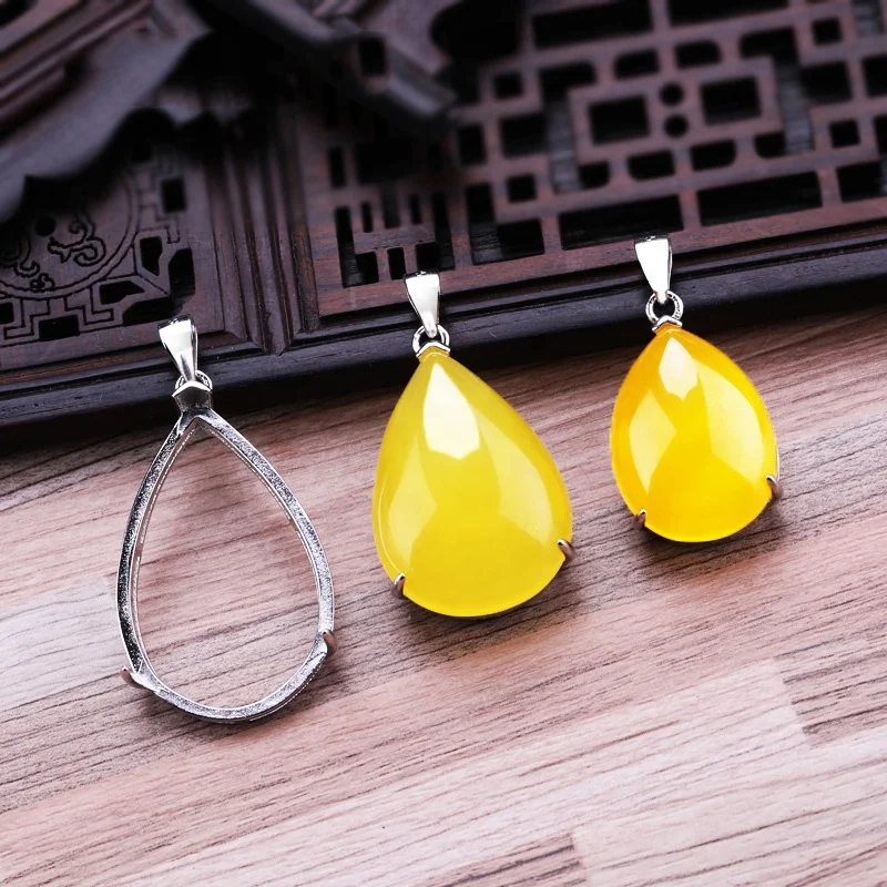 

15*20mm/17*24mm/20*30mm 925 Sterling Silver Plated Platinum Pendant&Necklace Blank Inlaid Beeswax Amber Female Pendant
