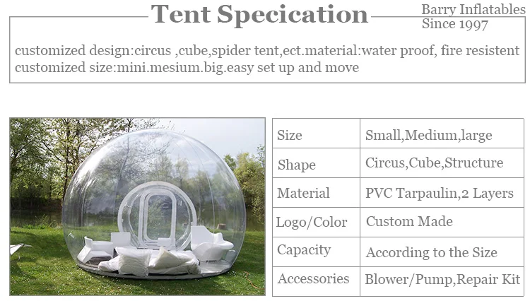 Barraca clara inflável de acampamento exterior da abóbada do uso ou do evento da família, barraca de cristal inflável da bolha