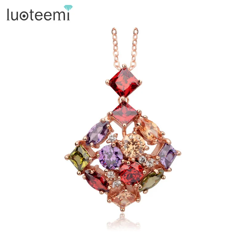 

LUOTEEMI New Design Multicolor A AA Zircon Rose Gold Plated Square Muti Color Gem Stone Pendant Necklace