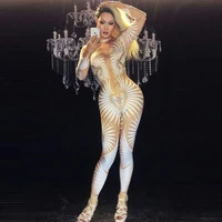 

Sexy Geometric Patterns Jumpsuit Sparkly Stones Bodysuit Stage Wear Women'S Celebrate Female Singer Crystals Costume DL1027