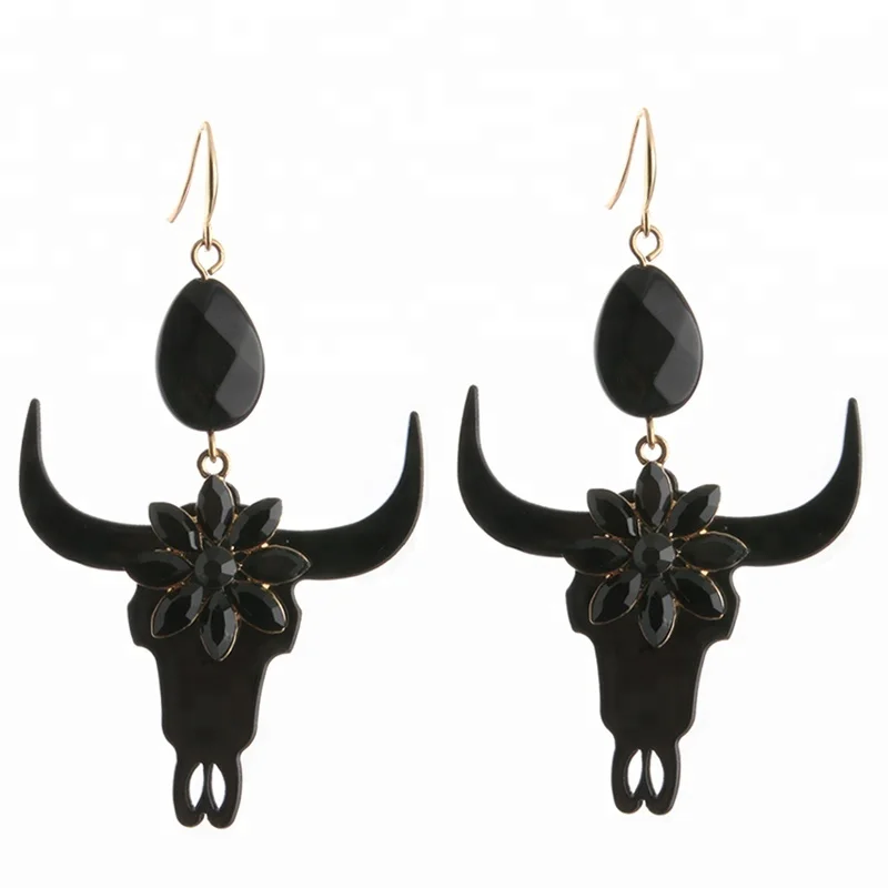 

NeeFu WoFu Bull Horn Earrings Resin Earring Stone Big Earring For Woman Crystal Large Long Brinco Ear Oorbellen Gift, Black