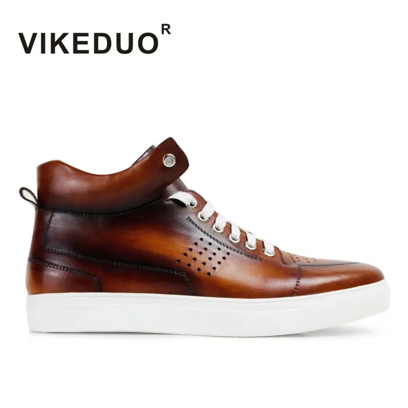 

Vikeduo Hand Made Footwear China Grain Leather High Top Brand Mens Sneaker Patina Shoe Brown Casual Leather Shoes