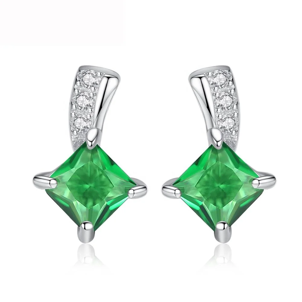 

CZCITY Cute Green Square Crystal Earring 925 Silver Earring for Women Emerald Stud Earrings