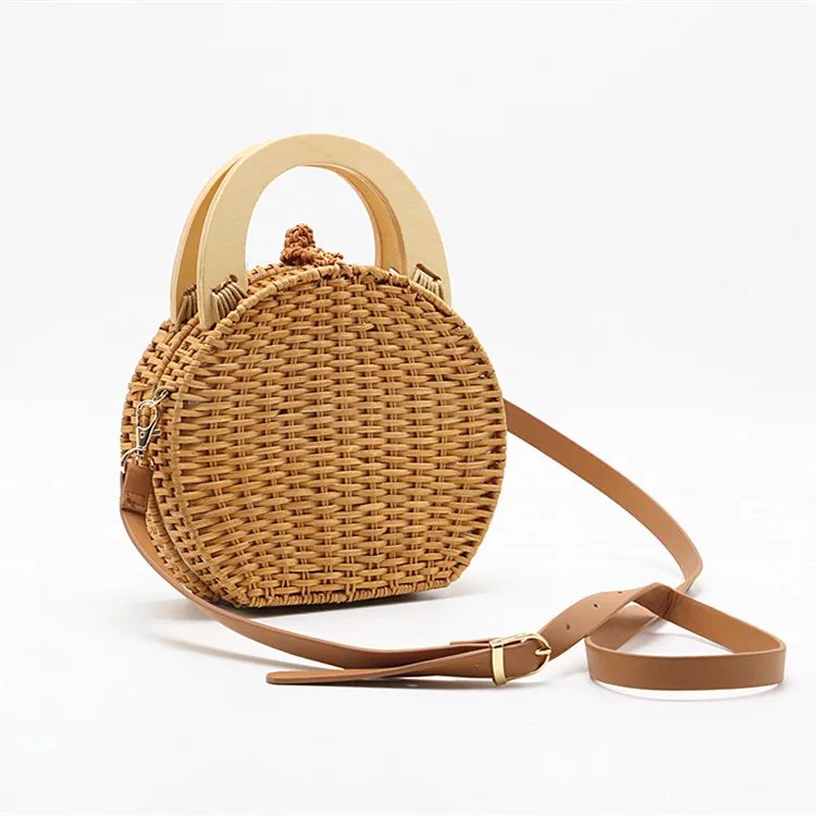 

High quality Summer Wooden Handle Rattan shoulderbag straw original rattan bag from vietnam, Natural