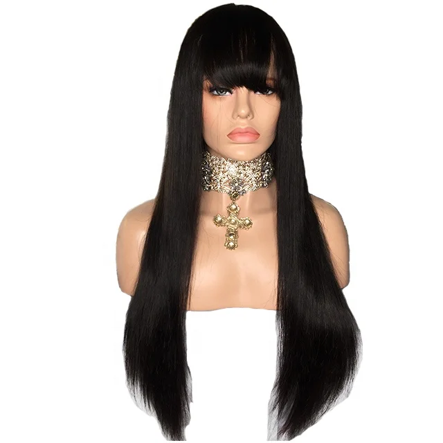 Hot Sale Single Knots Straight 100% Human Hair Lace Front Wigs With Bangs