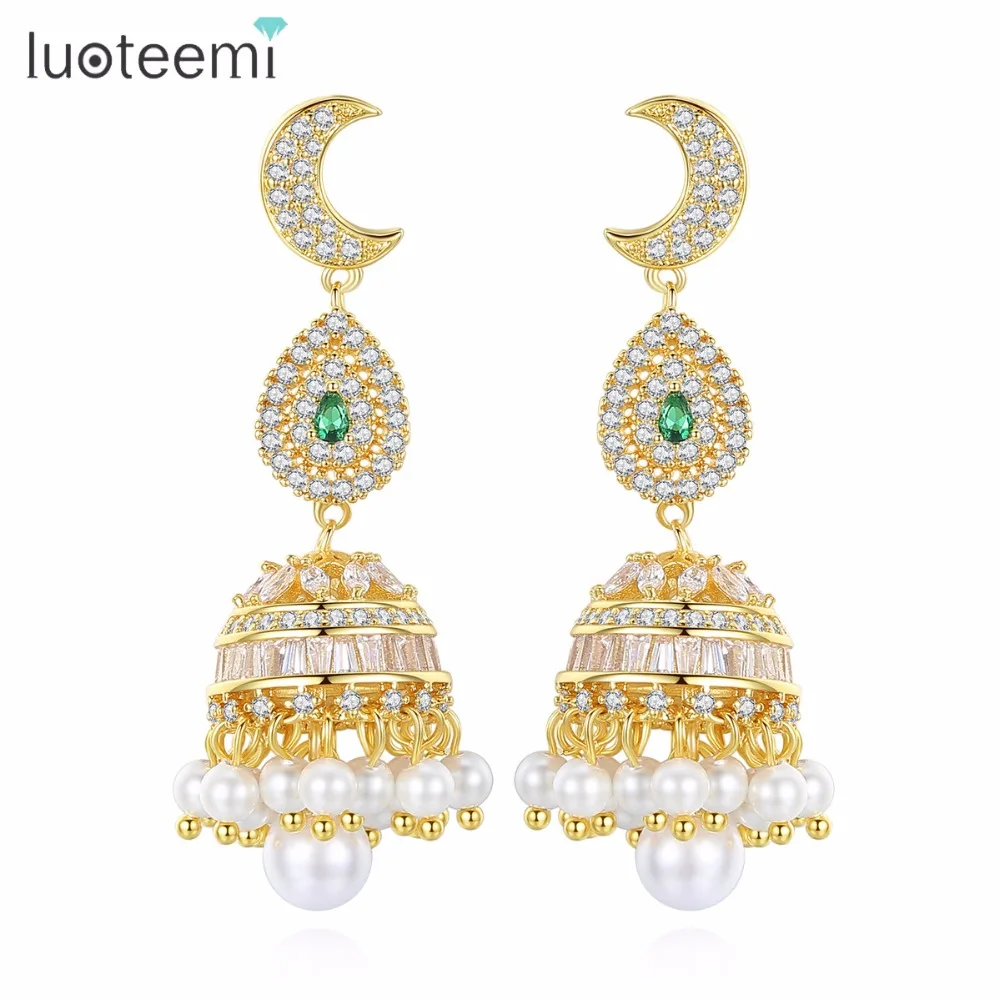 LUOTEEMI Popular Charm Campanula Shape Drop Earring With Moon Shape&Many Pearl CZ Earring Jewelry For Women Wedding Party