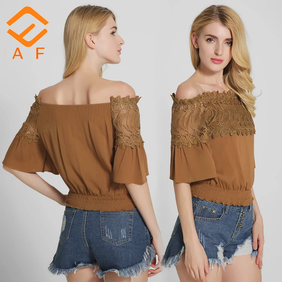 

2021 new fashion lace strapless women's blouse & top one-neck casual summer short-sleeved Chiffon shirt