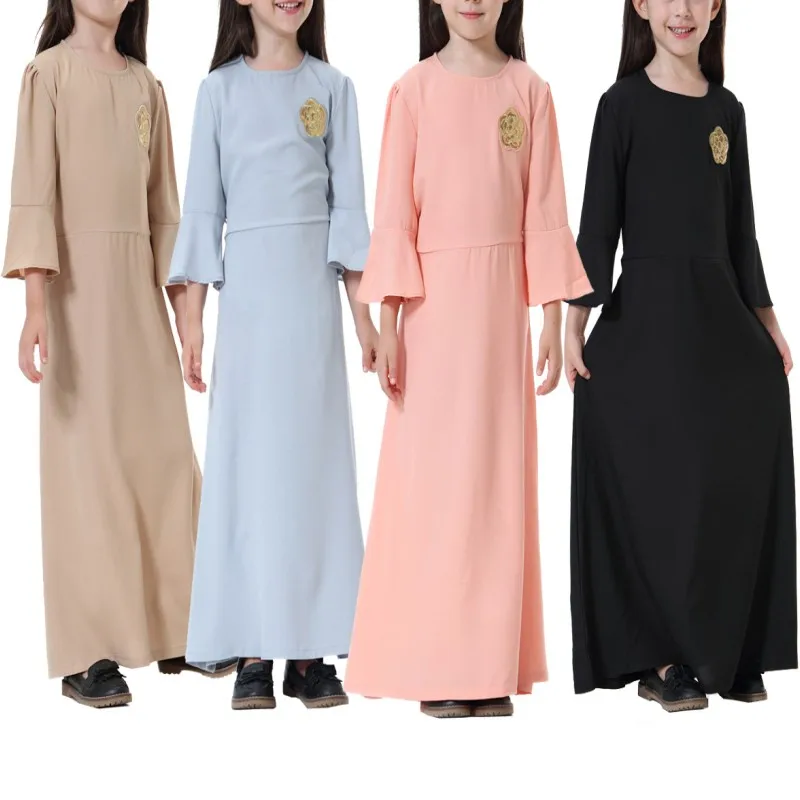 

4 Color 90-160cm Spring Girls Kids Dress Casual Long Sleeve Child Abaya Muslim Islamic Children Dresses Maxi ETH615