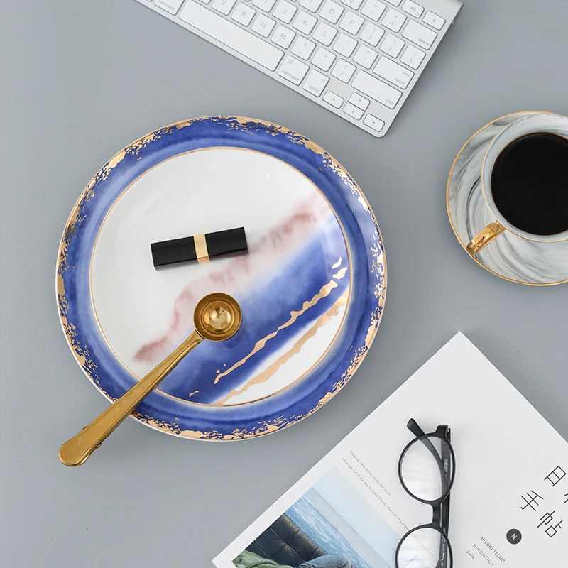Blue color chinese ink painted cheap personalized 8 inch dinner  luxury plate