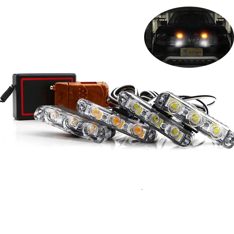 

3Led Car LED Flashing Blink Grill Lamp Auto Strobe DRL Net Light White Amber Yellow Red With Remote Control