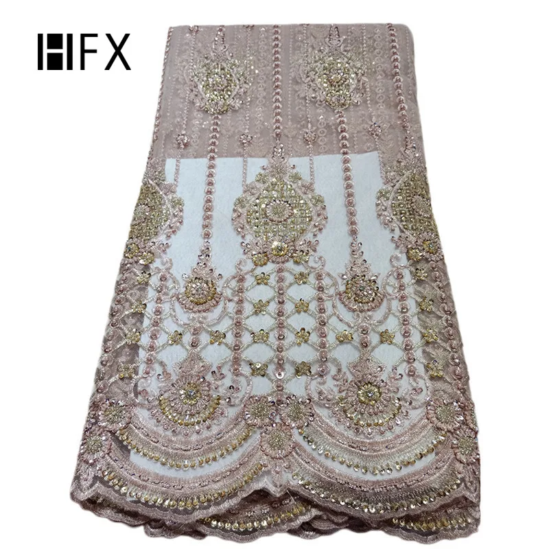 

HFX 2019 New Design Tulle Lace Fabric Beaded Sequin African Lace Fabric Gold Embroidered Lace For Dress, As pictuer