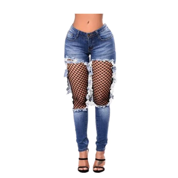 

Wholesale foreign trade explosion models women's hole fishing net stretch denim skinny pencil pants, Picture