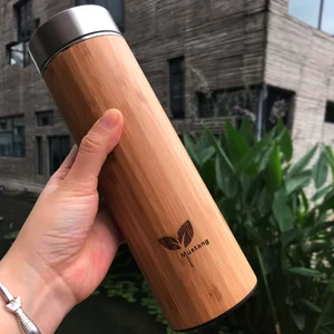 Image of Stainless steel insulated drinking thermos tumbler coffee tea bamboo cups vacuum flask water bottle sets with custom logo