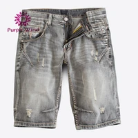 

High quality grey color denim mans fabrics jeans short split joint pants for men
