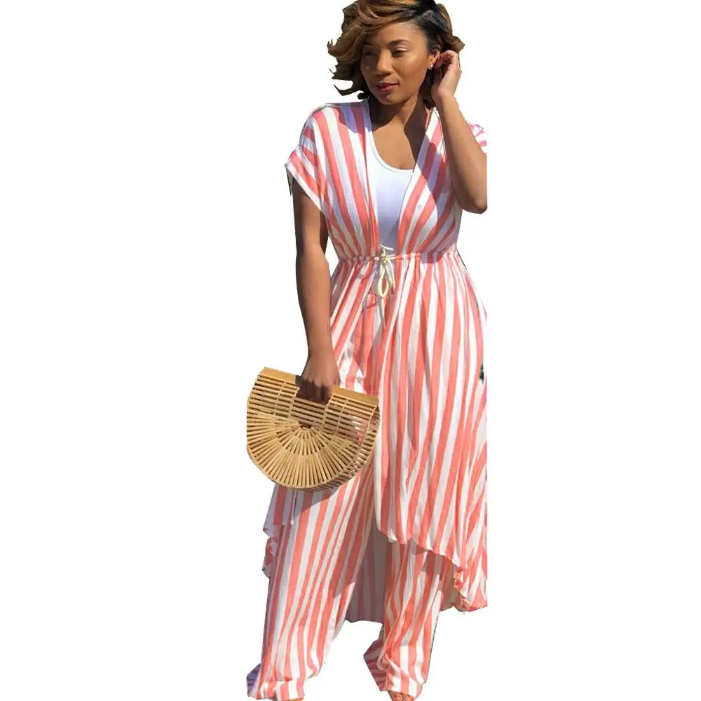 

Casual Suit Striped Print Two Piece Autumn Clothing Outfits Women Long Cardigan Crop Top And Pants Set Sexy Clubwear H3497