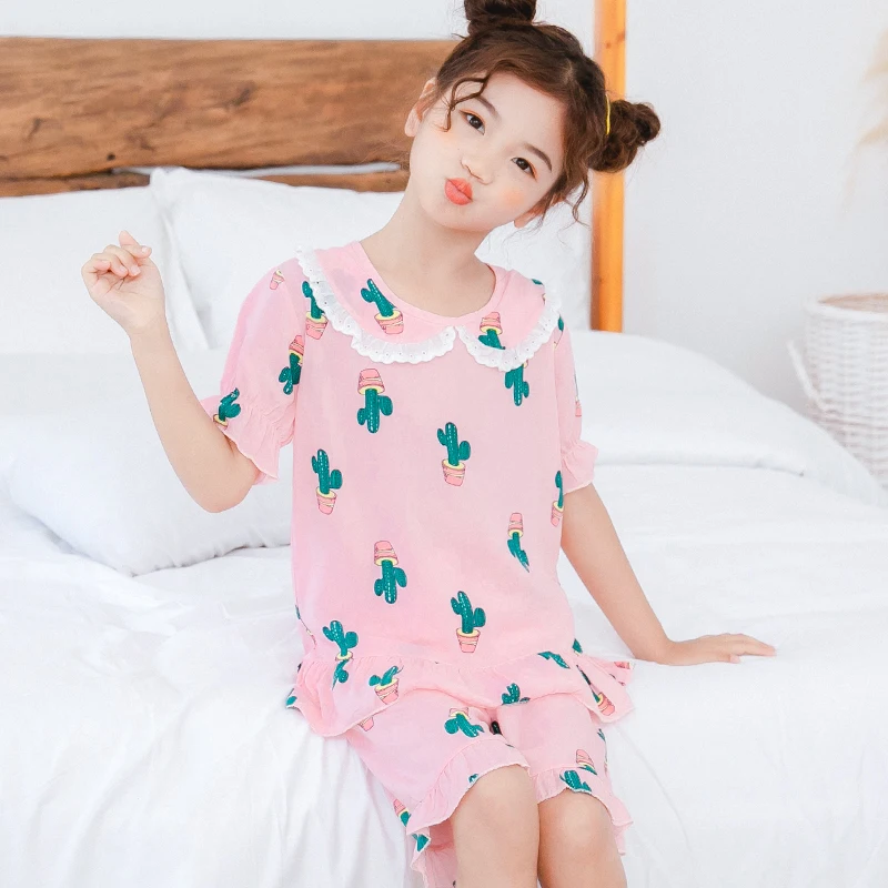 

Factory Supply Summer Kids Character Cartoon Sati Plain Girls Sleepwear Pajamas Sets Clothes, Pink kids cartoon pajamas