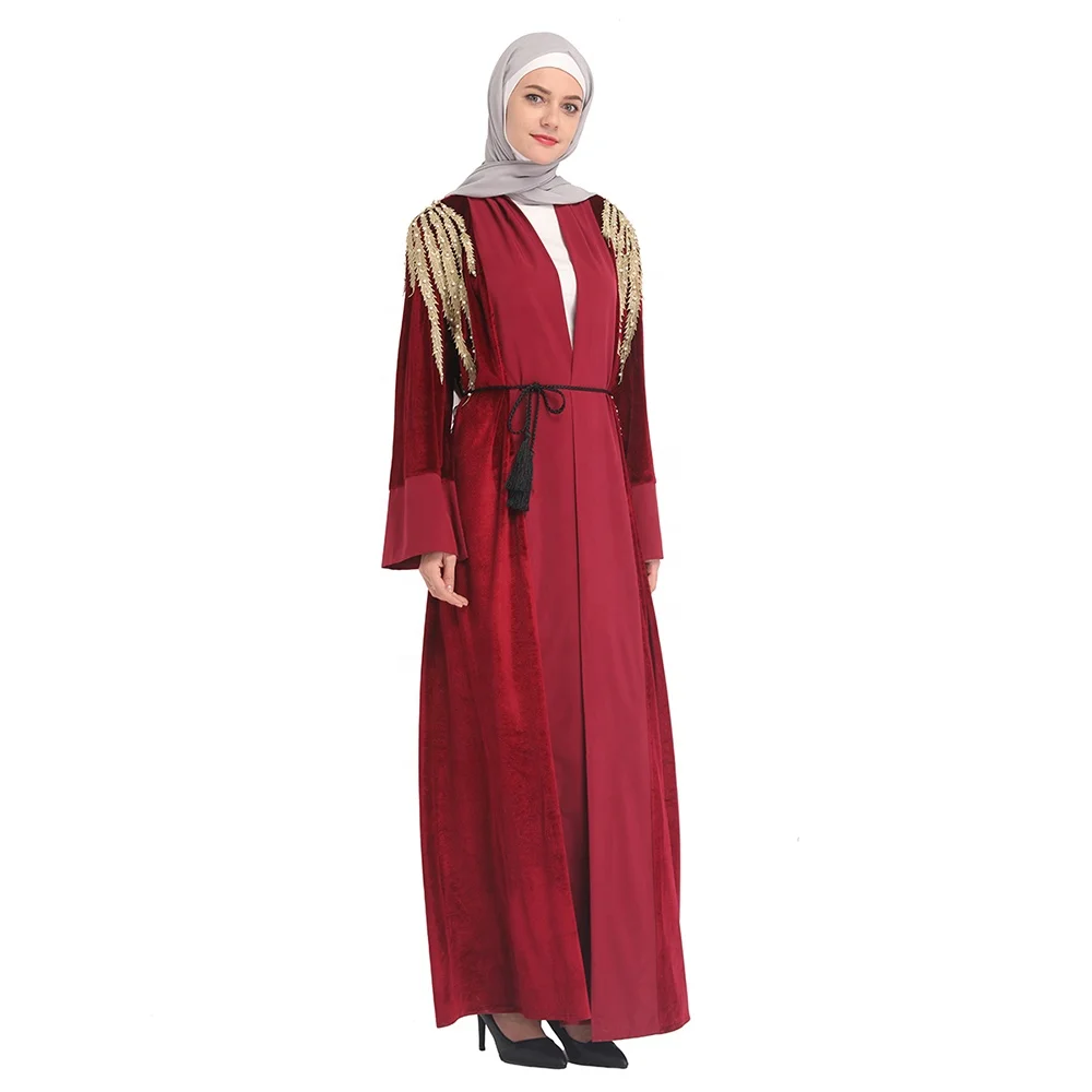 

High fashionable velvet with gold lace and pearl kaftan maxi dress muslim women front open abaya, Wine red,blue,black