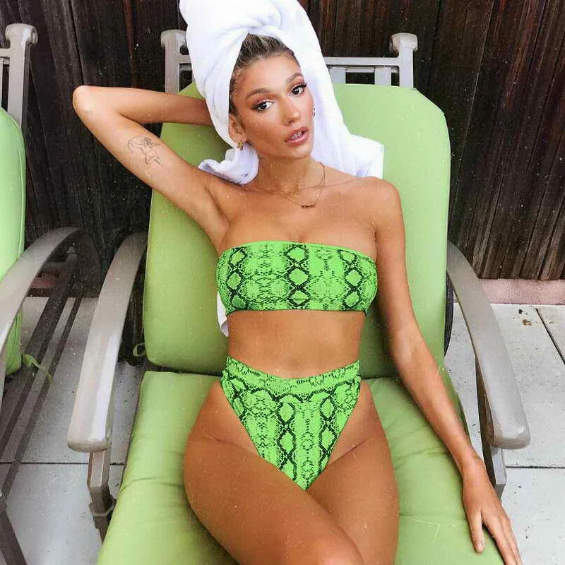 

2019 Amazon Hot Selling Bikini Sexy Snake Print Bandeau High Waist Two Piece Swimsuit, As picture