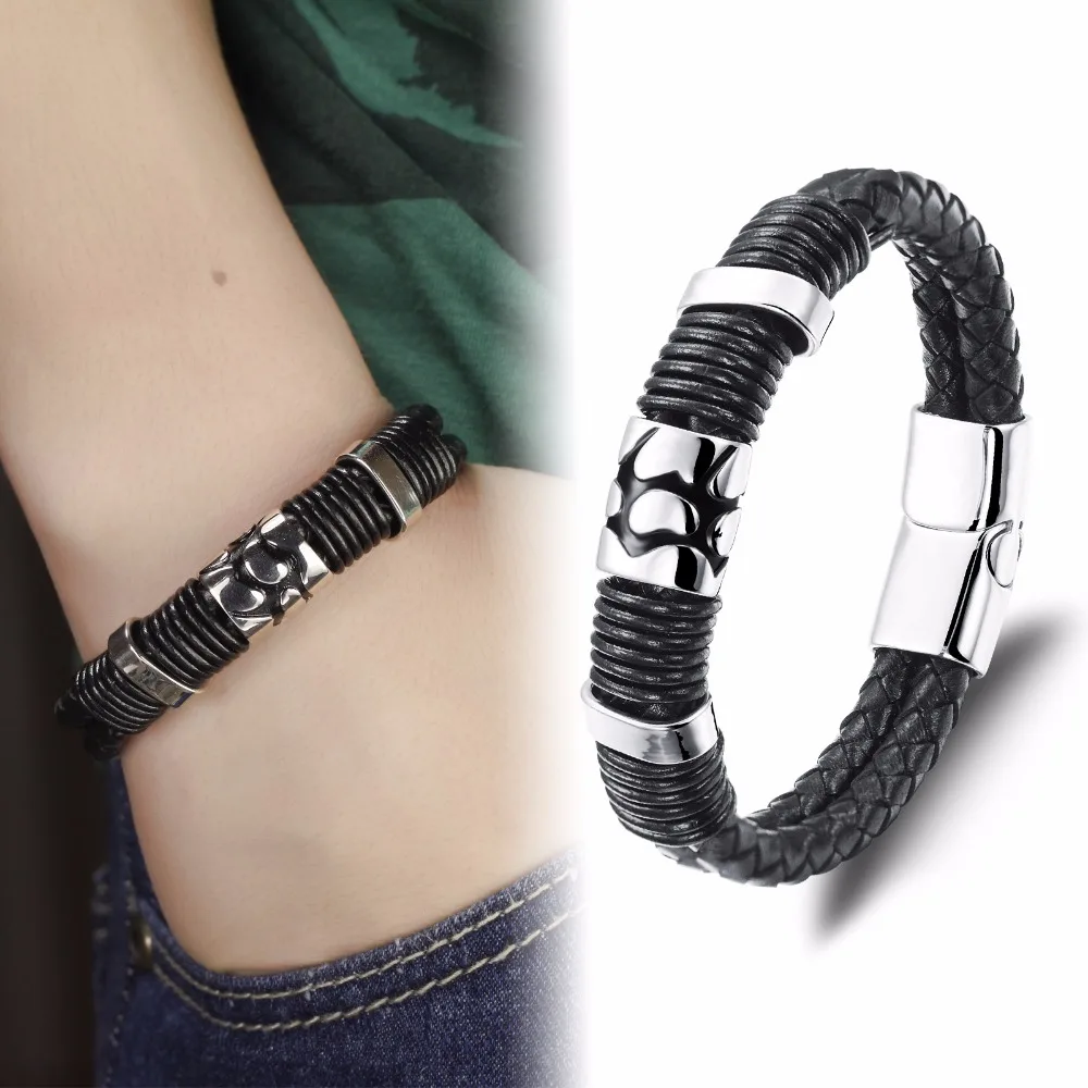 

SLPH944 Cool fashion stainless steel&braided Genuine leather mens bracelet stainless steel cuff bracelet