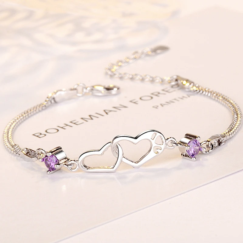 

Double Heart Charm Bracelet For Women Clear Purple Cubic Zircon Crystal Silver Wedding Luxury Bracelets Bangle (KB8145), As picture