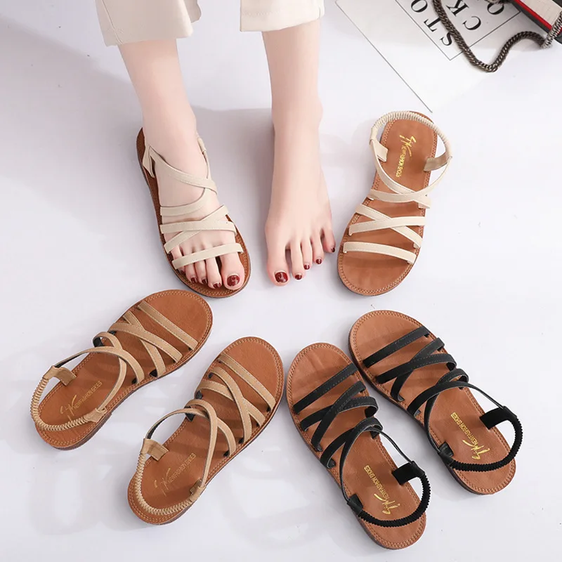 

Summer New Female Students Roman Elastic Band Cross-Strap Beach Sandal, Black/ivory/coffee