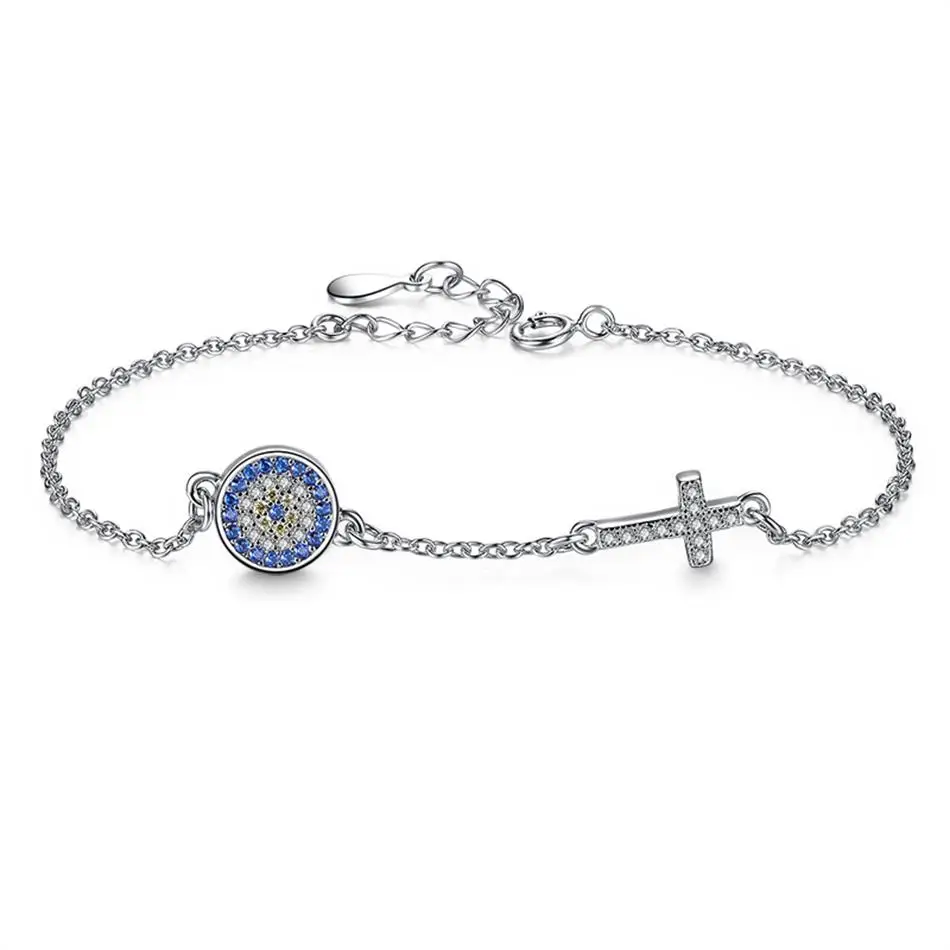 

Authentic 925 Sterling Silver Chain Bracelet&Bangle Blue Rhinestone Lucky Eye& Cross Charms Bracelet Women Jewelry