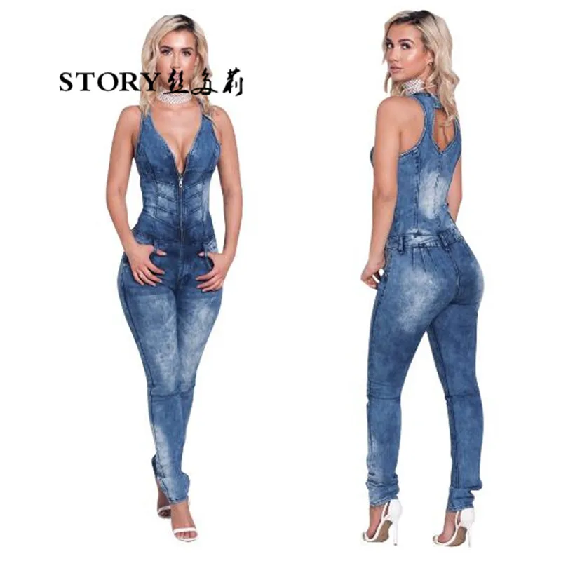 

African European stylish sexy V neck sleeveless slim fit long jeans one piece over all denim romper jumpsuit, N/a