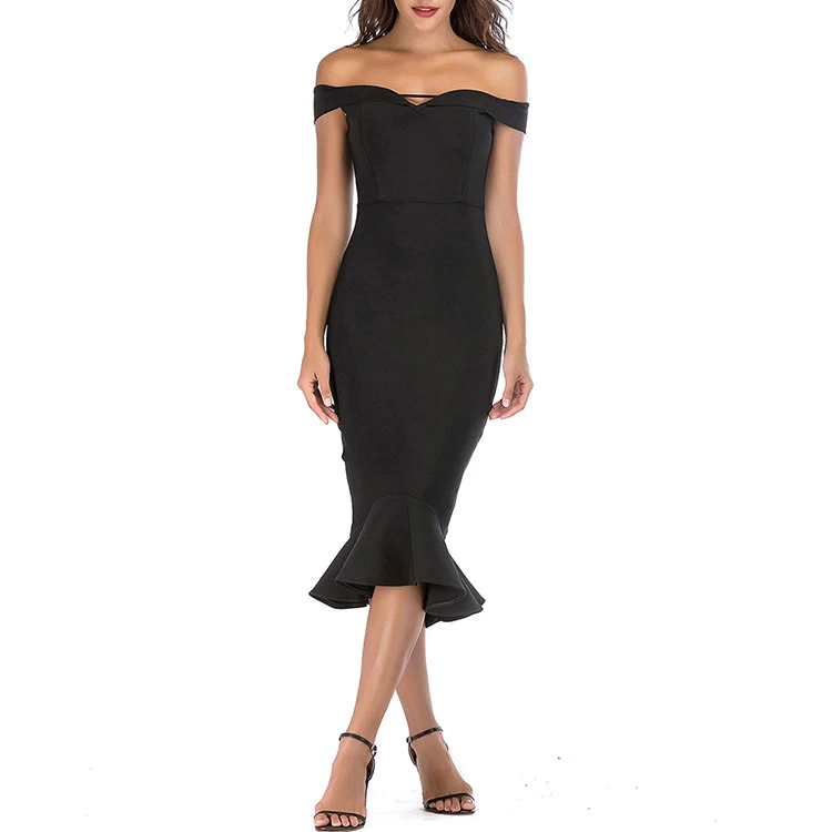 

Lover-Beauty 2019 Black Off Shoulder Mermaid Prom Women Bodycon Dress Elastic Material