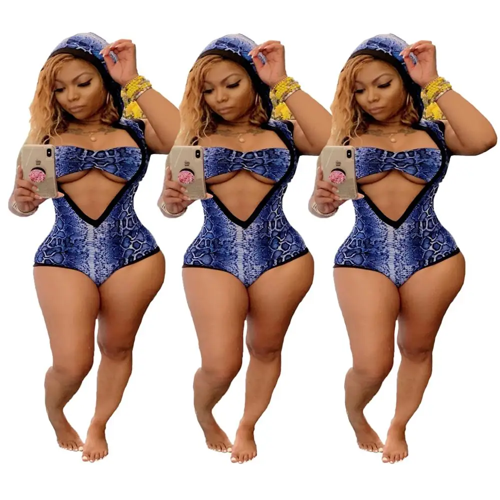 

Summer sexy fashion hooded skinny blue printed hole swimwear for women, Picture