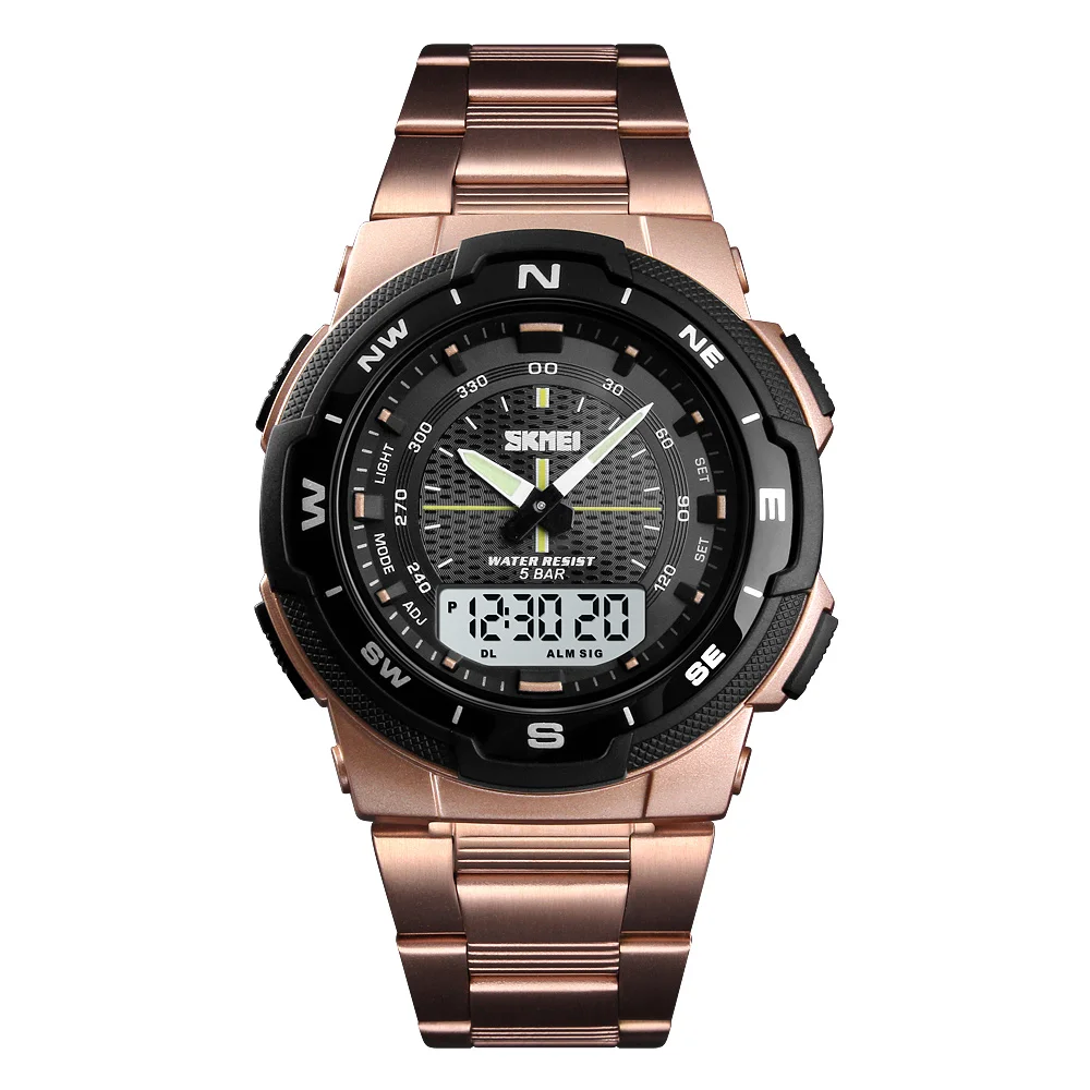 

Hot Selling SKMEI 1370 Stainless Steel Quartz Watch Men 50M Waterproof Dual Time Zone Watch