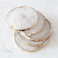 

Natural polished crystal white agate slices different sizes stone slices for coaster with golden rim