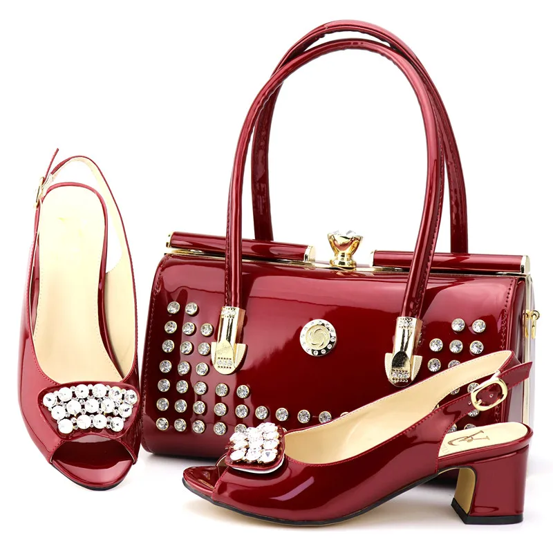 

High quality wine African designer Italian high heel shoes and bag set to match women for Nigeria party, As pictures show