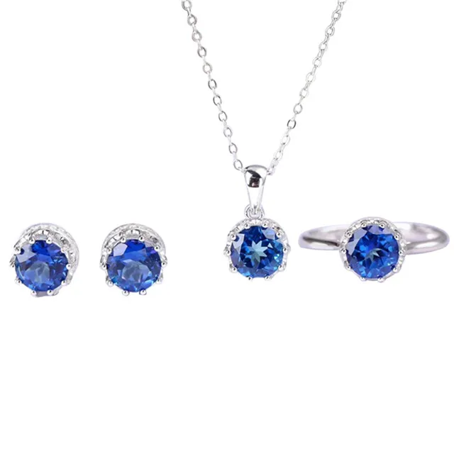 

wholesale latest Koearn simple design gold plated 925 sterling silver natural gemstone blue topaz crystal jewelry set