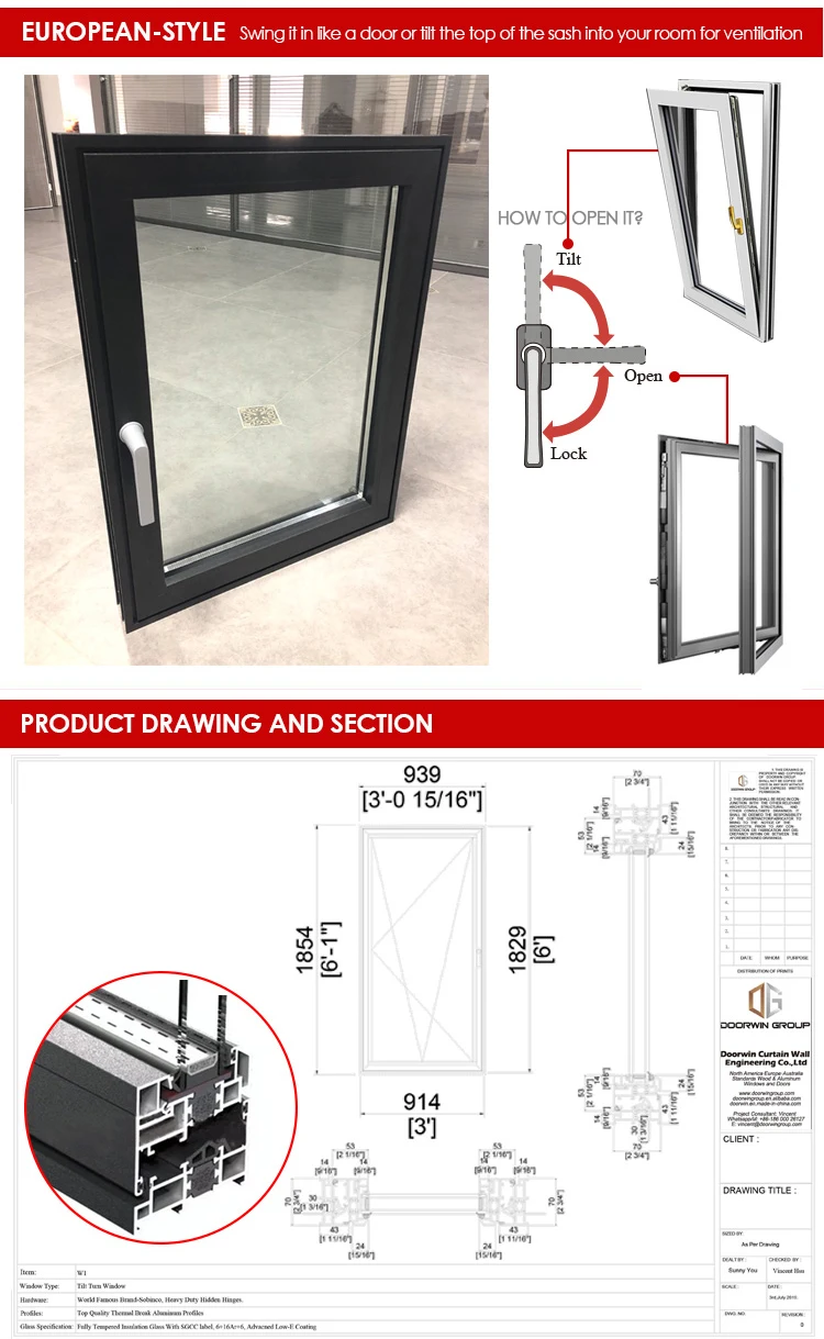 Good quality and price of european style windows double pane opening window