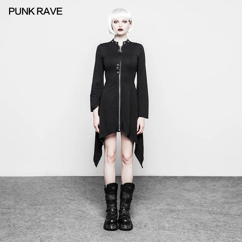 

OPQ-251 Wholesale irregular sexy ladies front zipper casual dress, Black