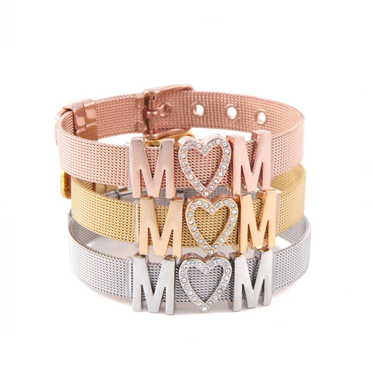 

2019 New Design Stainless Steel I LOVE MOM Heart Slide Charms Bracelets for Mothers Day Gifts, As picture