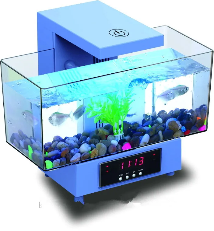 Color: Black,Black MFEIR Usb desktop aquarium Mini fish tank water pump light calendar alarm clock Black