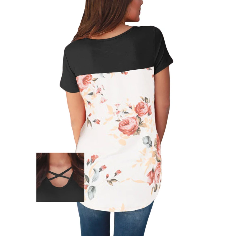 

2019 Wholesale Clothes Women Floral Print Lower Back T-shirt, Customized