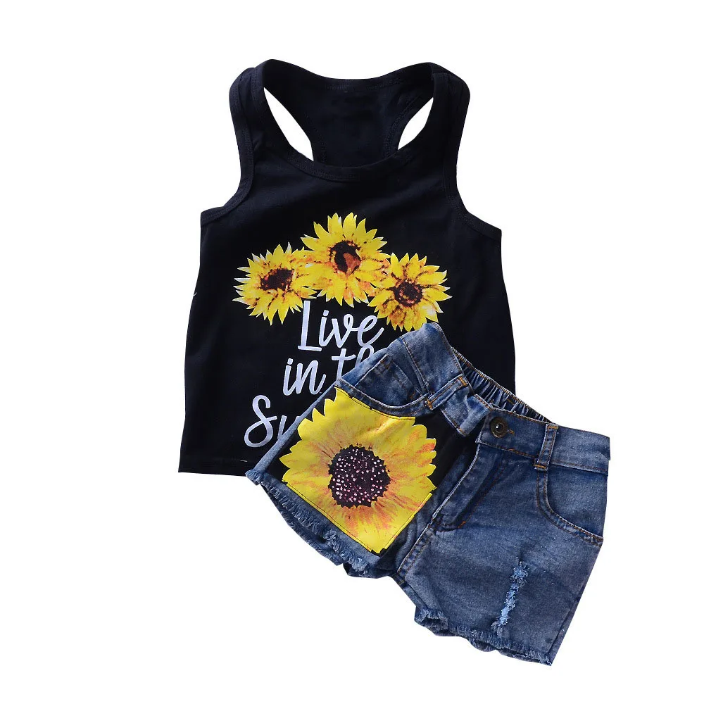 

Baby Girls Denim Shorts With Black Sleeveless Vest Tops Kids Clothes Set