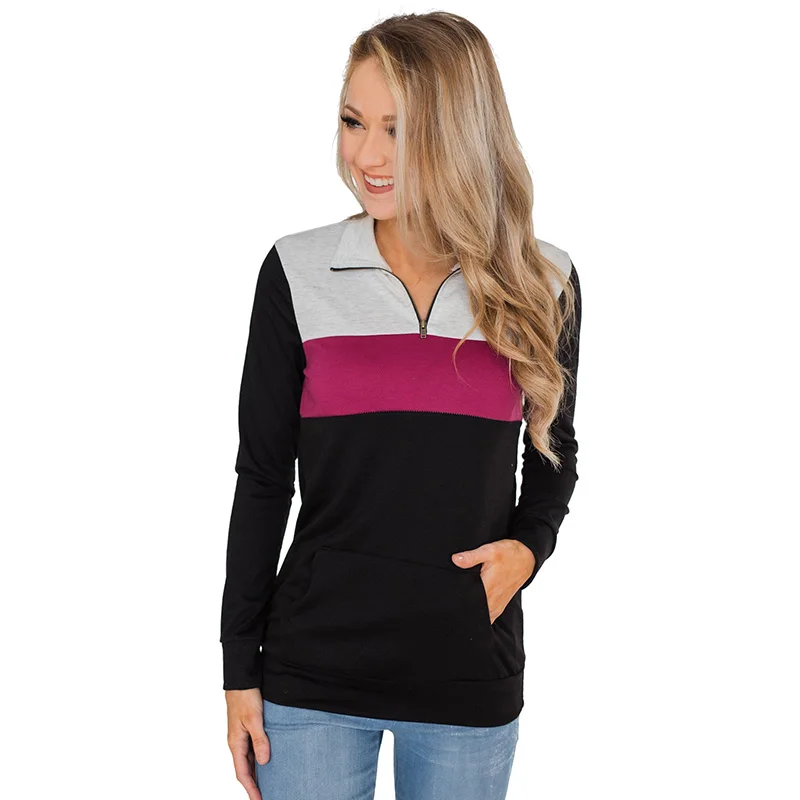 

Wholesale New Arrival Long Sleeve Color Block Zip Front Pullover Women