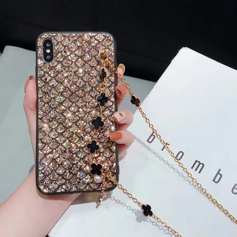 four-leaf clover chain leather cell phone case for apple iphone x xs xr xs max 7 6 ,for i phone 7 case metal chain