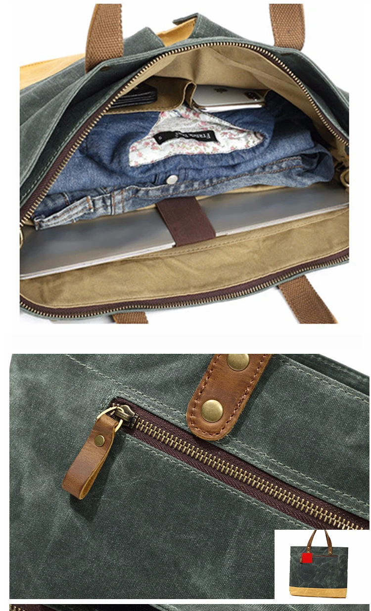 Europe designer vintage water proof waxed canvas unisex laptop briefcase shoulder messenger bag with leather trim
