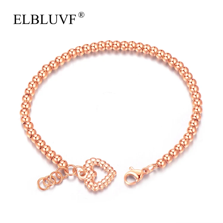 

ELBLUVF Free Shipping Stainless Steel jewelry Hollow Heart Shape Ball Chain Bracelet For Girls Wholesale, Rose gold , steel color