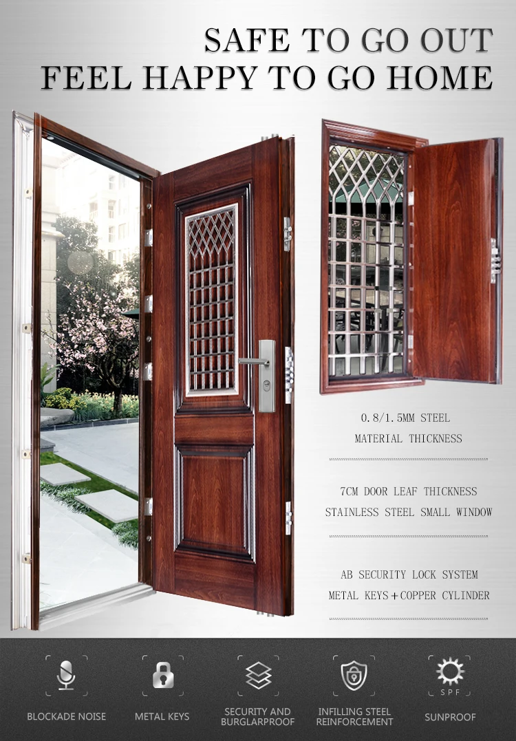 For home high security exterior front main safety door in door with opening 304 stainless steel small window designs
