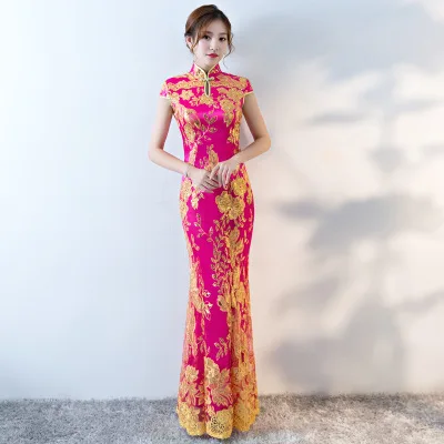

2018 Elegant Chinese Tradition Style Improved Plus Size Blue Qipao Mermaid Fish tail Long Lace Cheongsam Dress, Blue lace bridal qipao dress