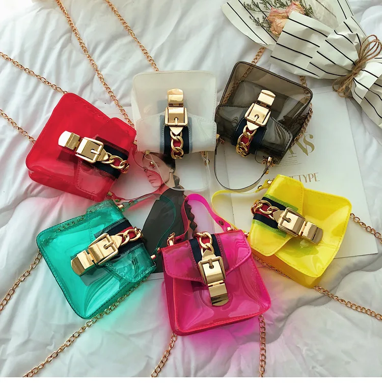 

2019 Cute Clear Candy Jelly Bag Wholesale Little Girls Jelly Handbag Kids Mini Crossbody Purse With Chain, 5 colors as pics