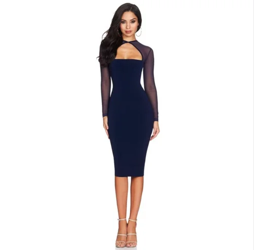 

Ocstrade Hot Sale Knitted Autumn Mesh Long Sleeve Bodycon Dress Sexy Ladies Black Bandage Dress