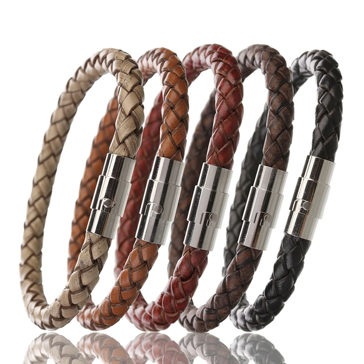 

Fashion Black Braided Genuine Leather Stainless Steel Magnetic Clasp Bangles Bracelets for Women Men Bracelet Wholesale, Black,wine red,light coffee color,,deep coffee color,cream-coloured