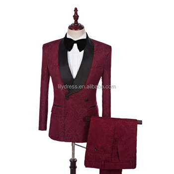 Rouge Foncé Broderie Costumes Hommes Porter 2017 Noir Châle Revers Groom Smokings Mariagebal Meilleur Homme Costumes Blazer Veste Pantalon