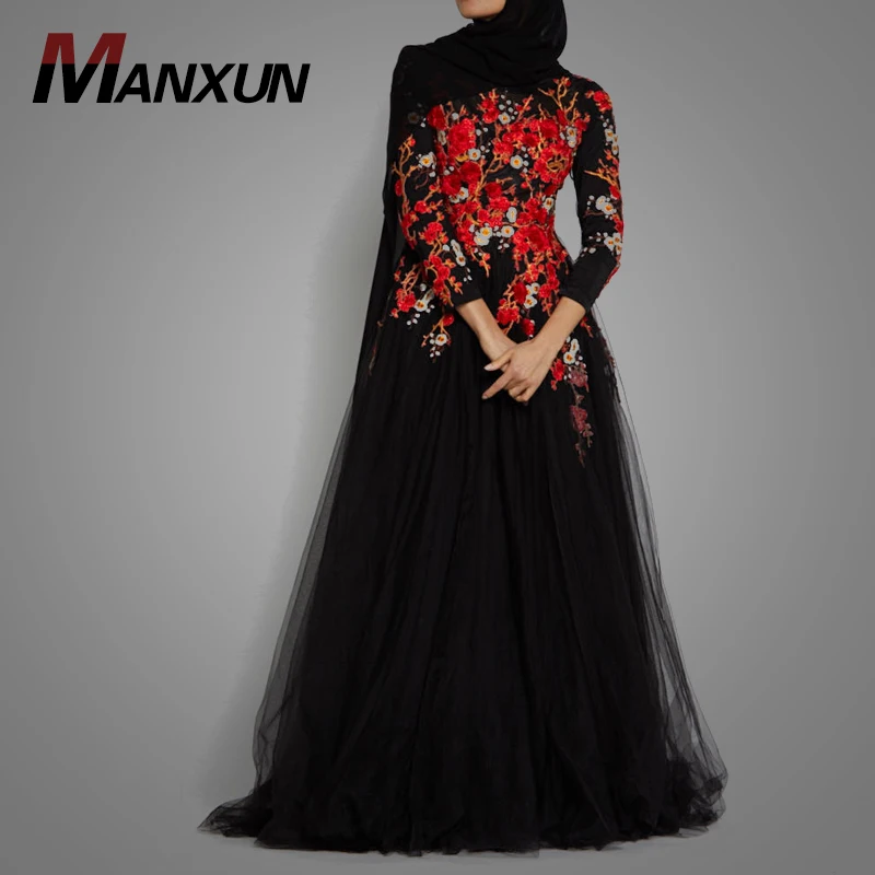 

Islamic Women Wear Design Abaya With Hand Embroidery 2018 Popular Muslim Chiffon Lace Maxi Dubai Dresses, Black